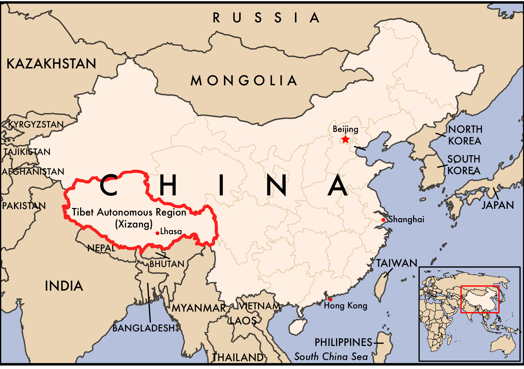 Map of the Tibet Autonomous Region in southeastern China. It borders parts of India, Nepal, Bhutan and the northern tip of Myanmar.